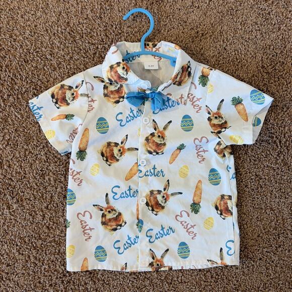 Unbranded White Allover Easter Bunny Rabbit Button Up Shirt Bow Tie Toddler 2-3Y - Picture 1 of 5
